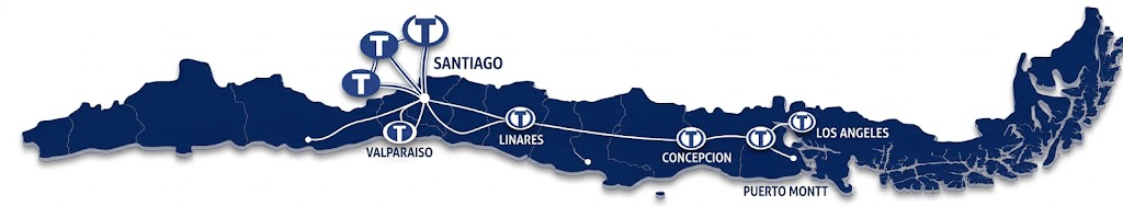 Mapa de red de distribución Transagro en Chile: Santiago, Valparaíso, Linares, Concepción, Los Ángeles y Puerto Montt